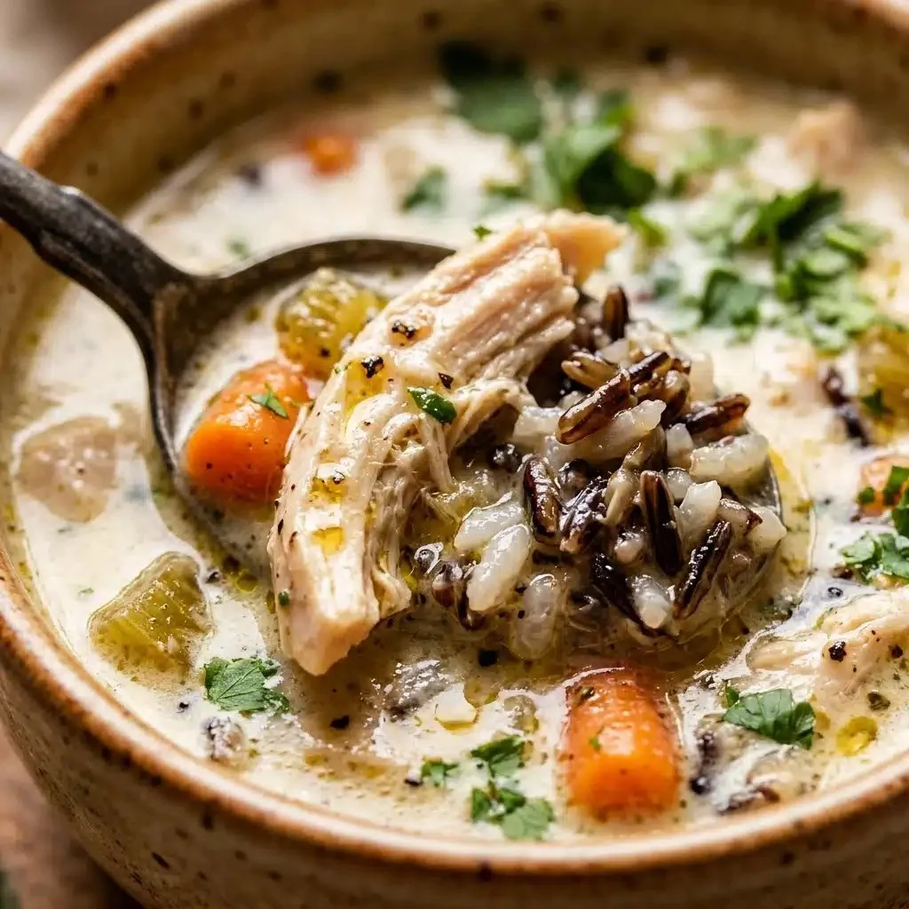 Bowl of creamy chicken and wild rice soup garnished with herbs.