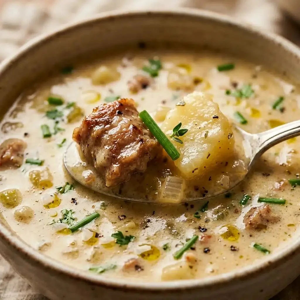 Creamy potato and beef sausage chowder served in a bowl