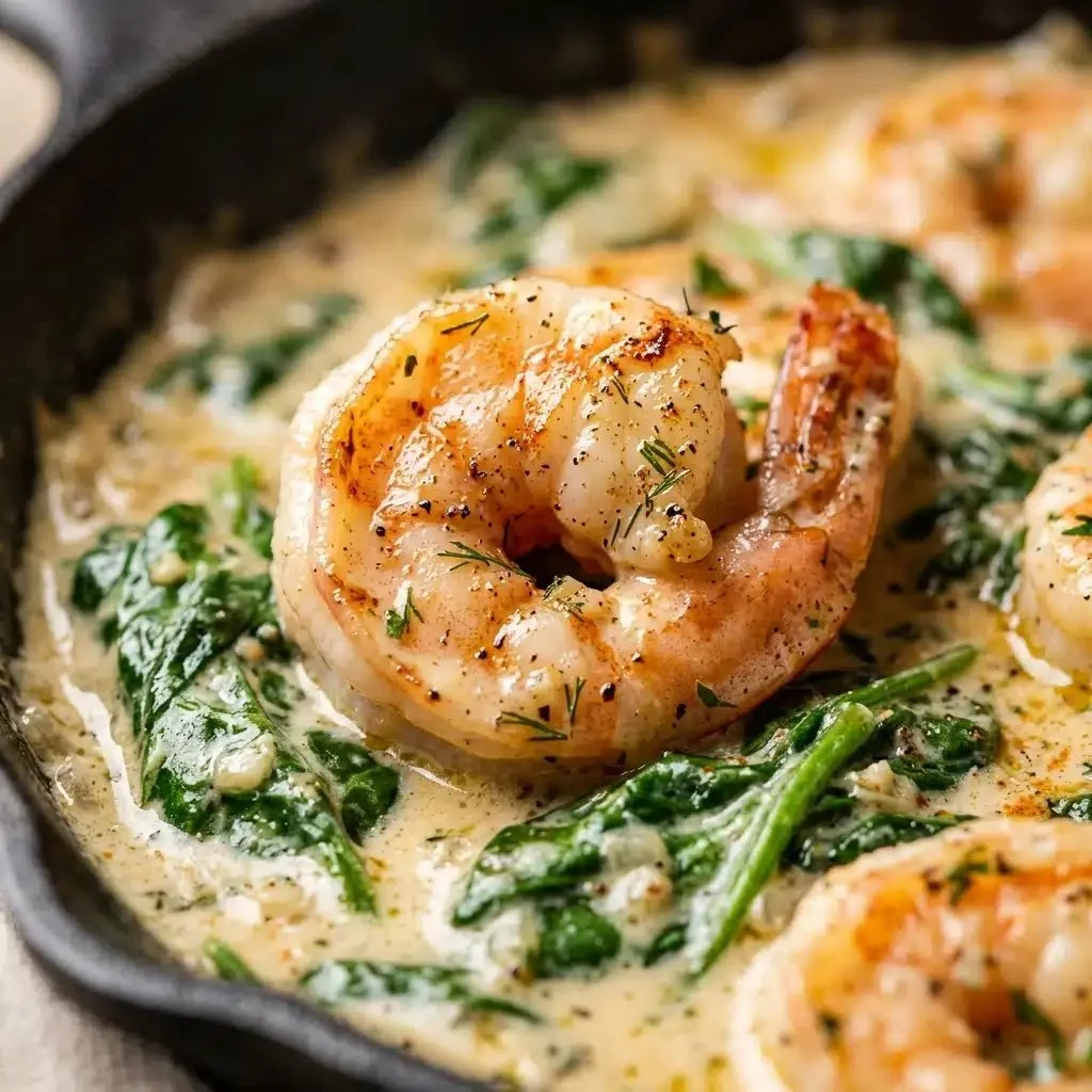 Creamy shrimp and spinach skillet dish served in a skillet