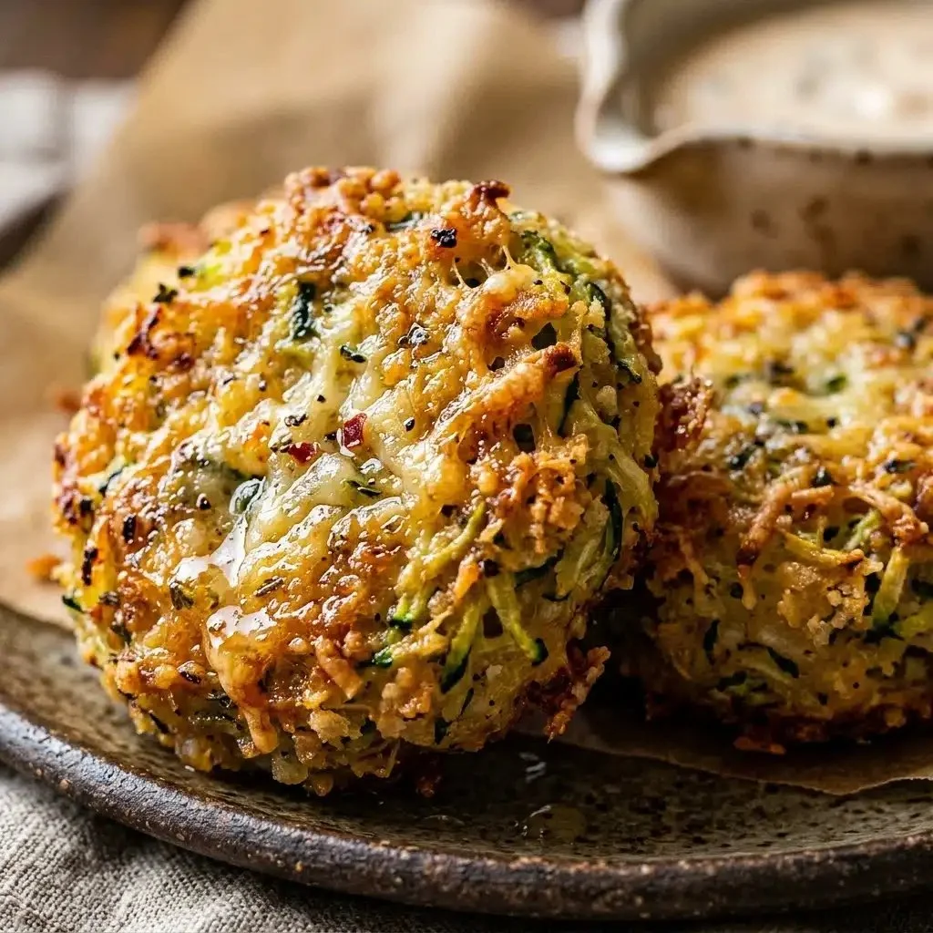 Crispy cheesy baked zucchini tots on a plate with a dipping sauce.