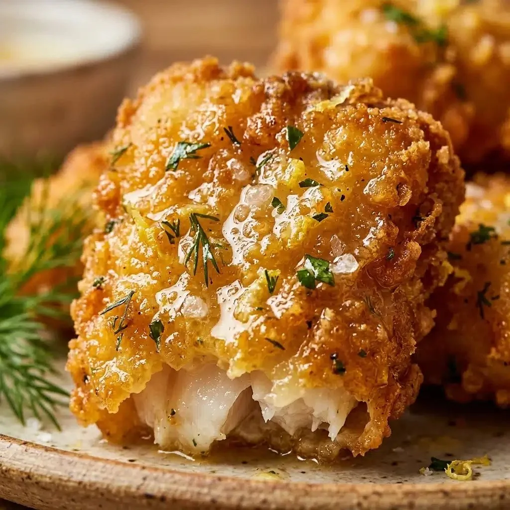 Crispy lemon butter fish bites served on a plate with fresh herbs.