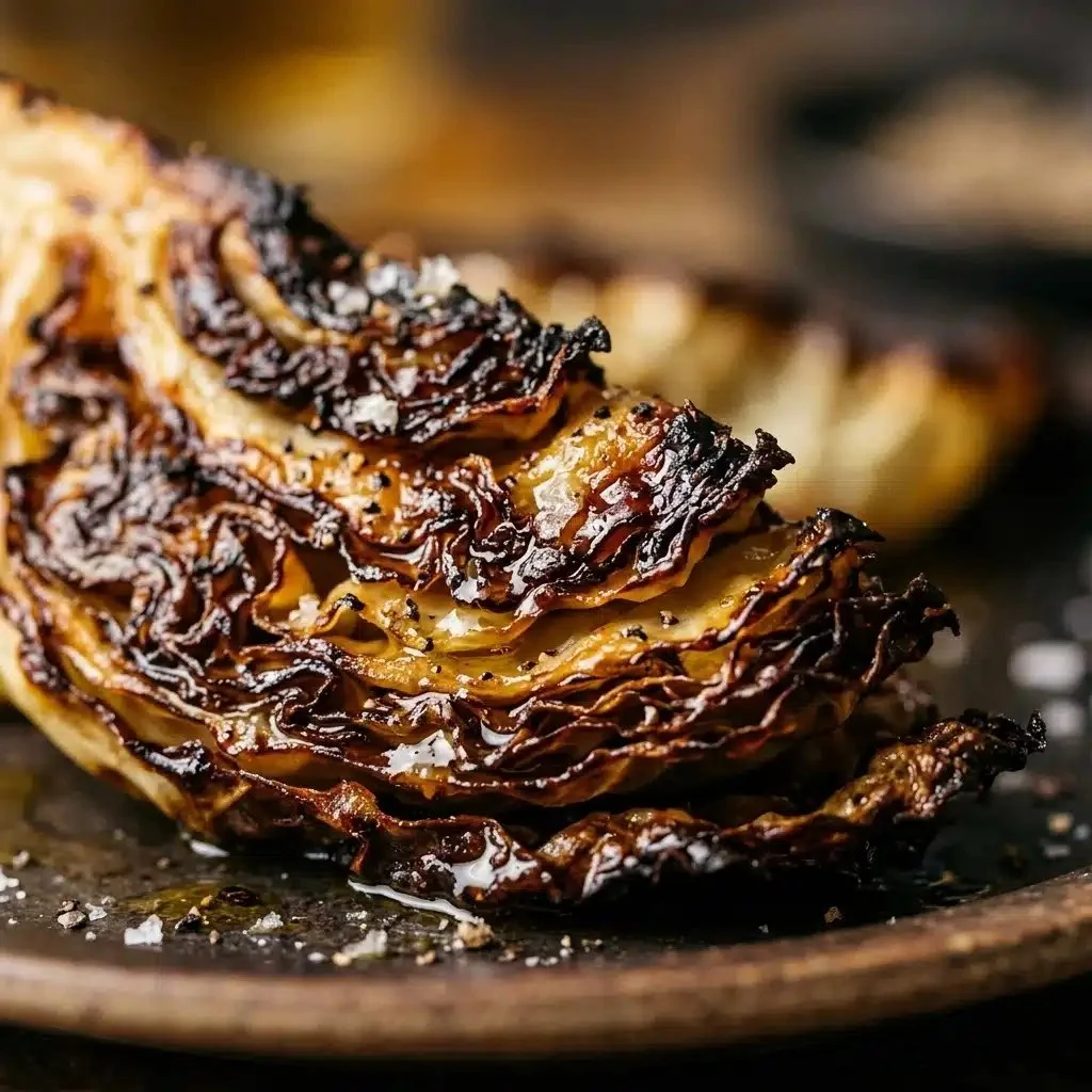 Crispy roasted cabbage steaks with blistered edges on a plate