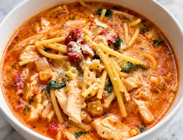 A bowl of creamy Tuscan chicken soup with herbs and vegetables