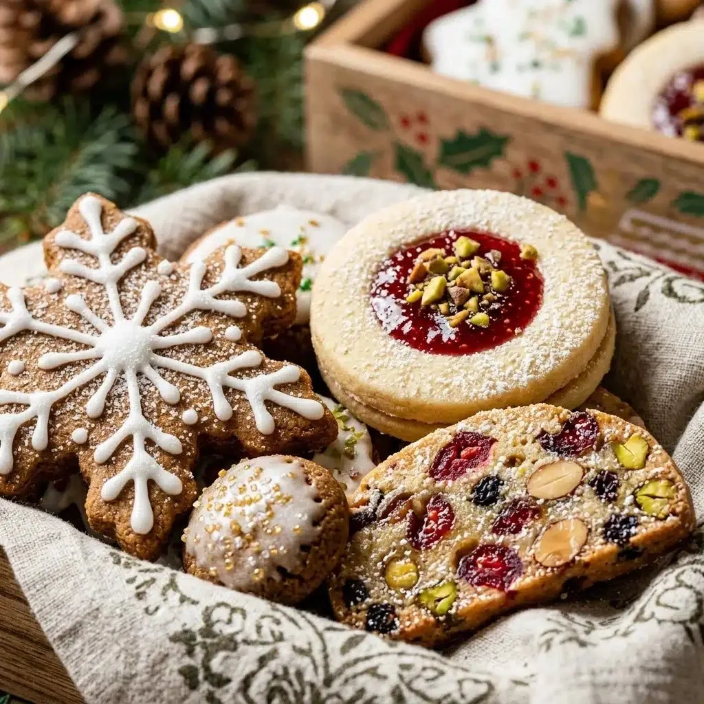 Festive Christmas cookie box with various decorated cookies for the holidays.