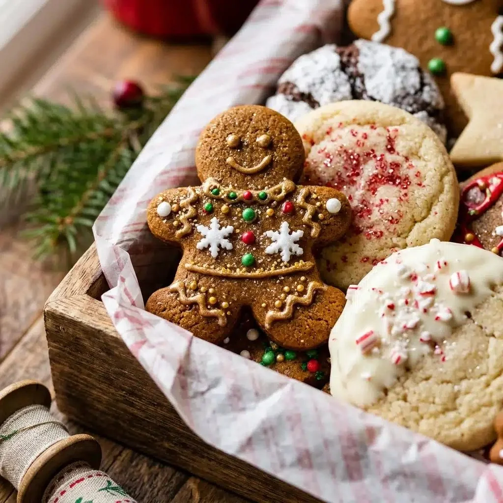 Assorted easy Christmas cookies beautifully arranged in decorative boxes.