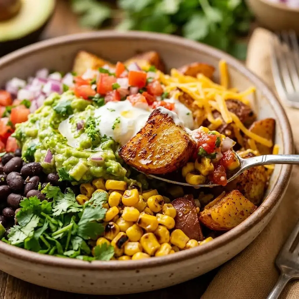 Colorful Fiesta Potato Bowls with fresh ingredients and toppings