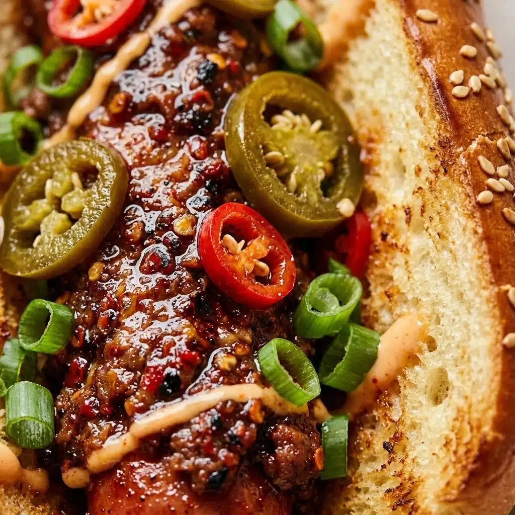 Firecracker Beef Hot Dogs ready for grilling with vibrant toppings.