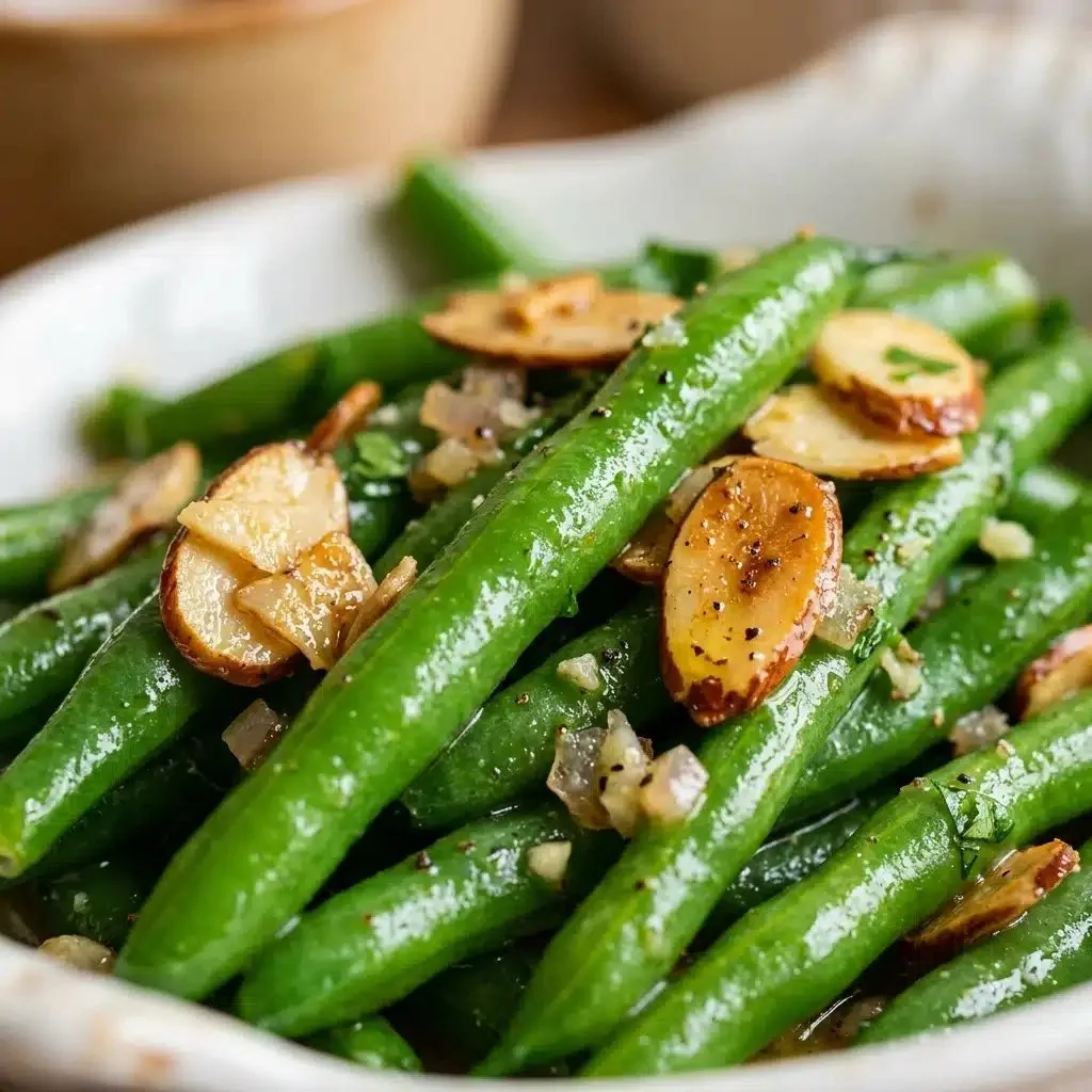 Fresh green bean almondine served on a plate with almonds and lemon.