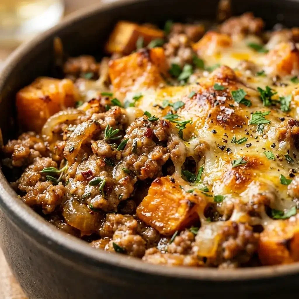 Ground Turkey Sweet Potato Bake in a casserole dish, garnished with herbs
