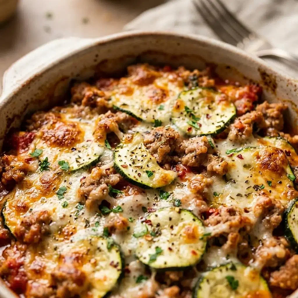 Ground Turkey Zucchini Casserole served in a baking dish
