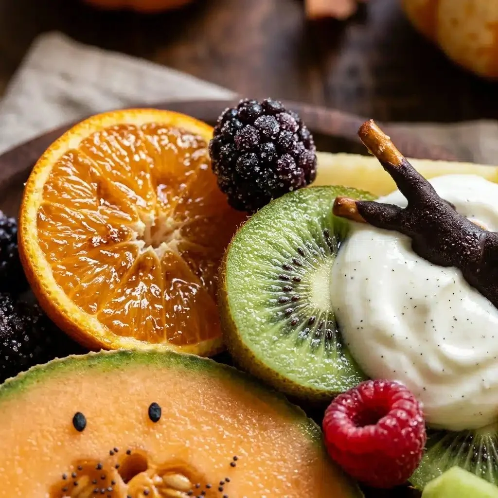 Colorful Halloween fruit tray with yogurt dip for festive celebrations.
