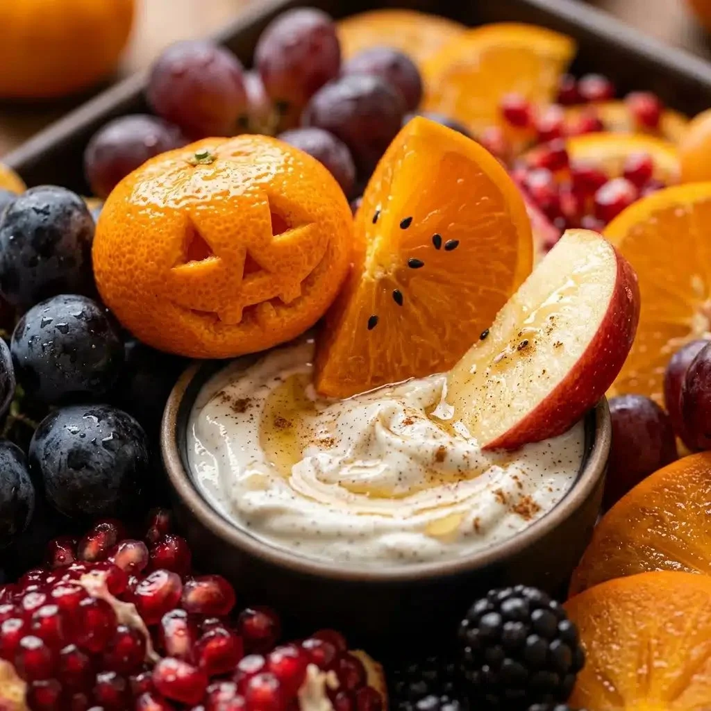 Colorful Halloween fruit tray featuring various fruits and yogurt dip.