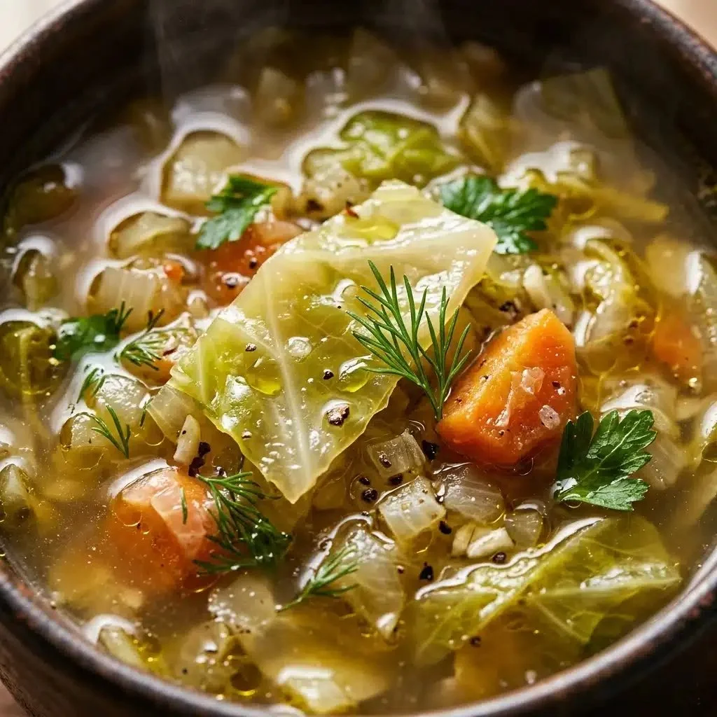 Bowl of healthy cabbage soup topped with fresh herbs
