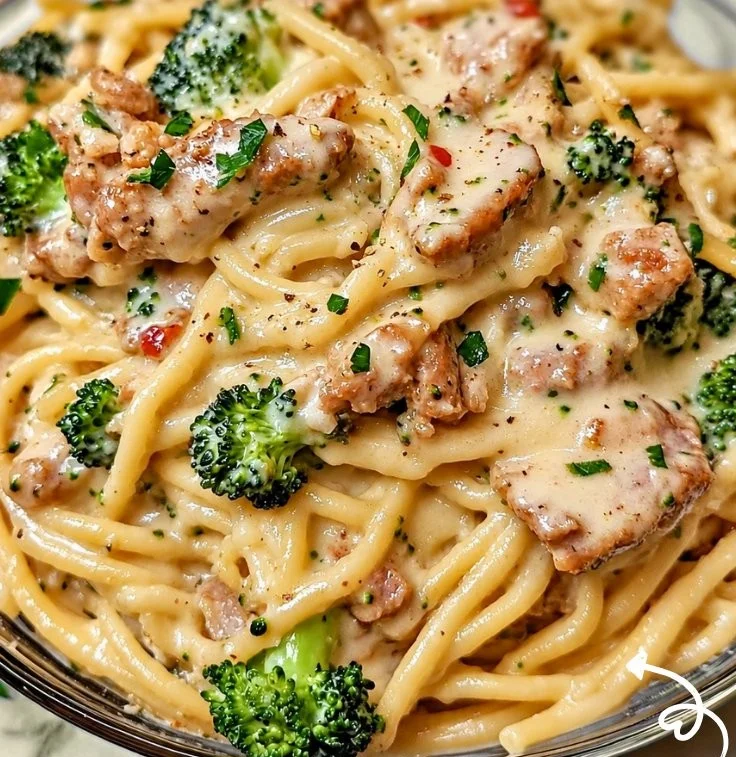 Healthy chicken sausage alfredo pasta dish, quick 30-minute meal