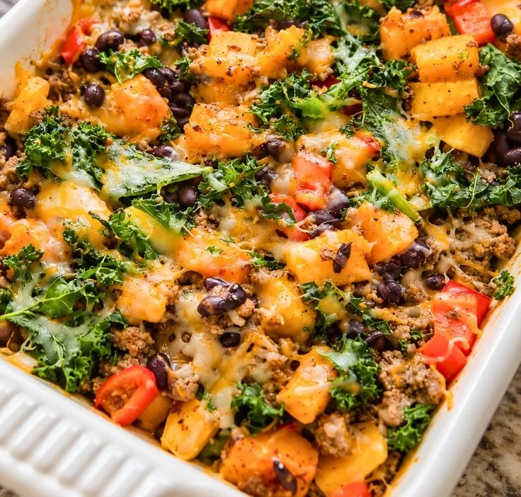 Healthy ground beef and butternut squash casserole ready to serve for dinner