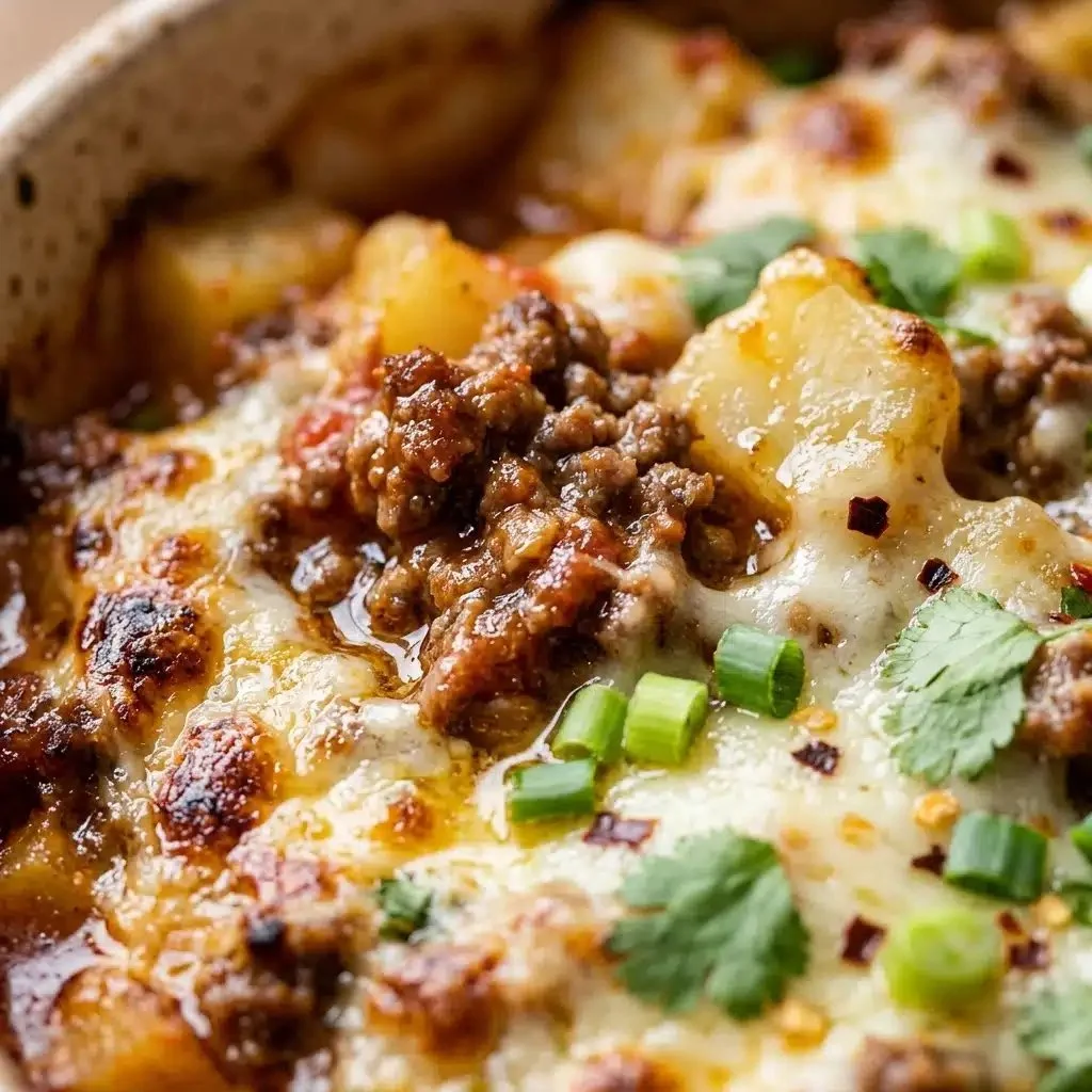 Healthy loaded beef and potato bake served in a rustic dish