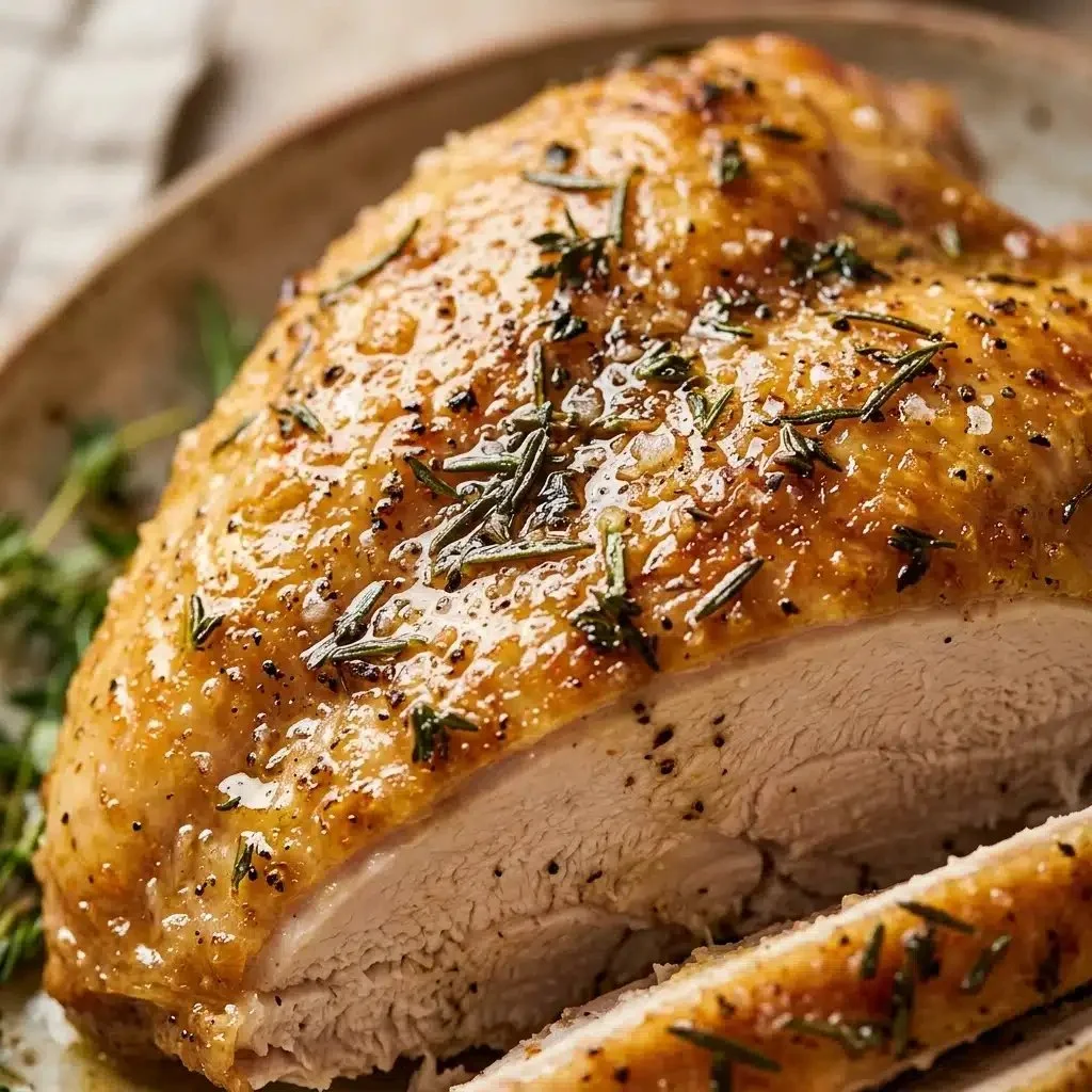 Herb roasted Thanksgiving turkey breast served on a festive table