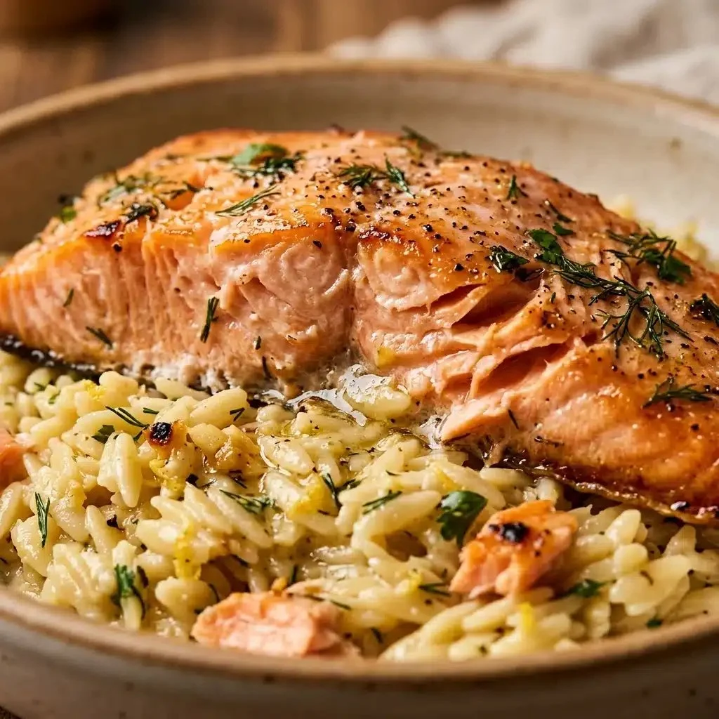 High protein baked salmon served with lemon garlic orzo