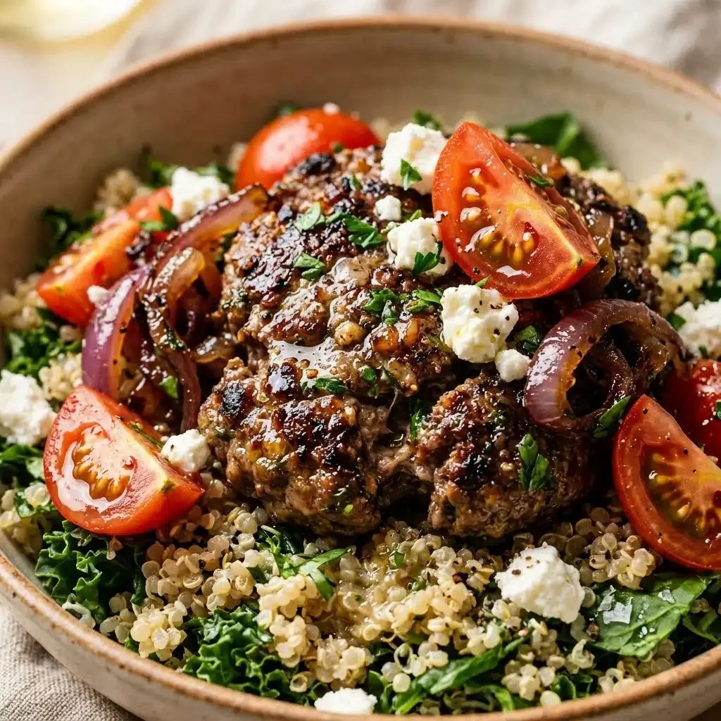 High protein burger bowl with fresh vegetables and toppings