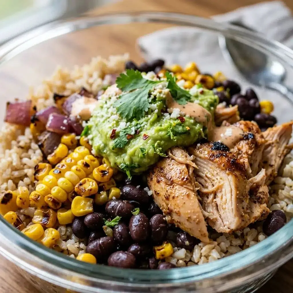 High protein chicken burrito bowls prepared for meal prep.