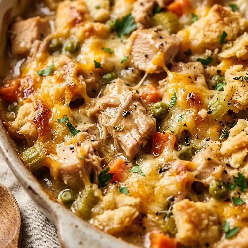 High protein chicken pot pie casserole ready to serve in a baking dish