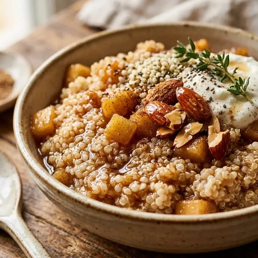 High protein cinnamon apple breakfast quinoa bowl topped with fresh apples and cinnamon.