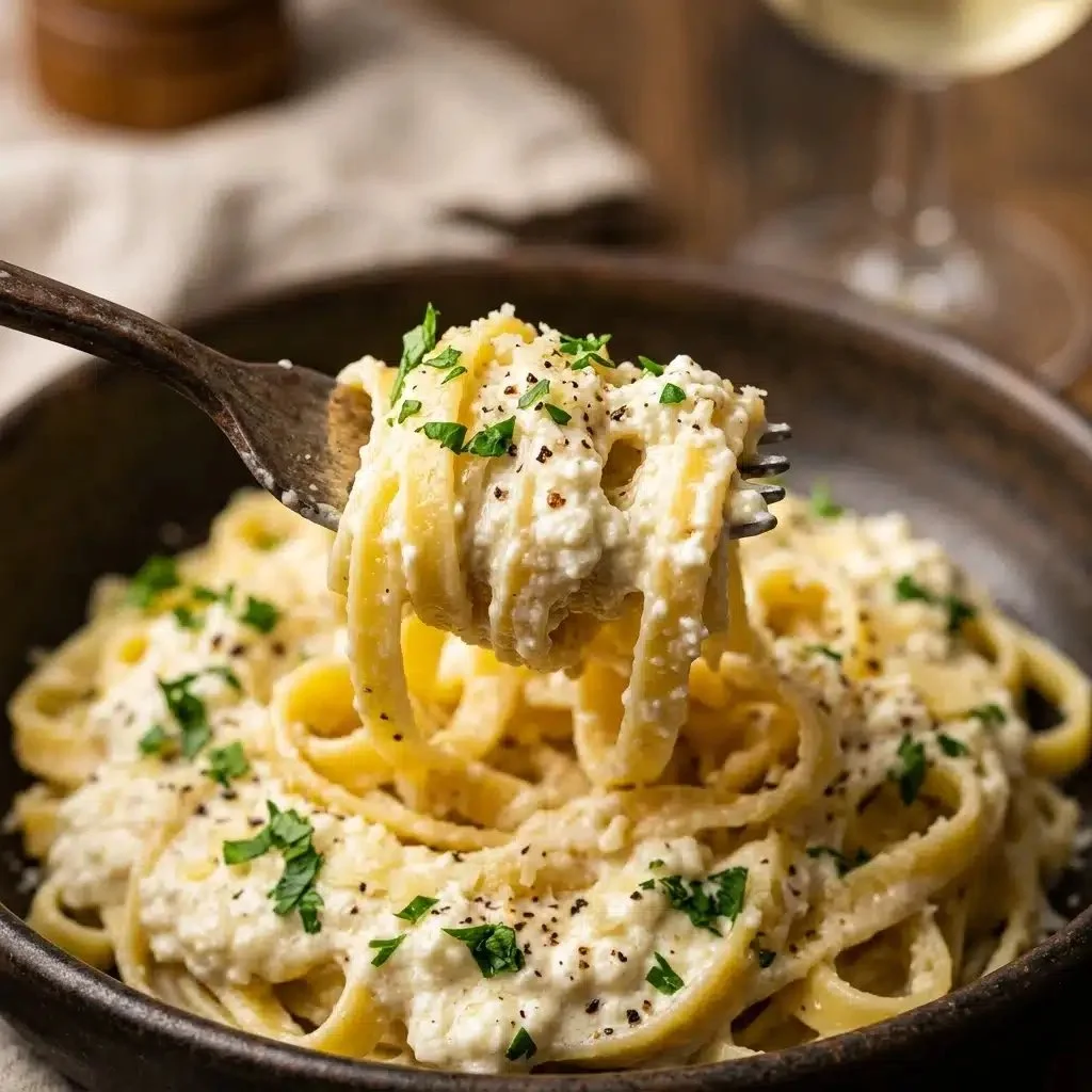 High protein cottage cheese alfredo pasta dish topped with herbs