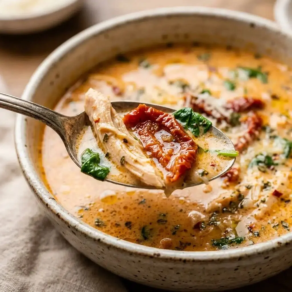 High protein creamy Tuscan chicken soup in a bowl with fresh herbs