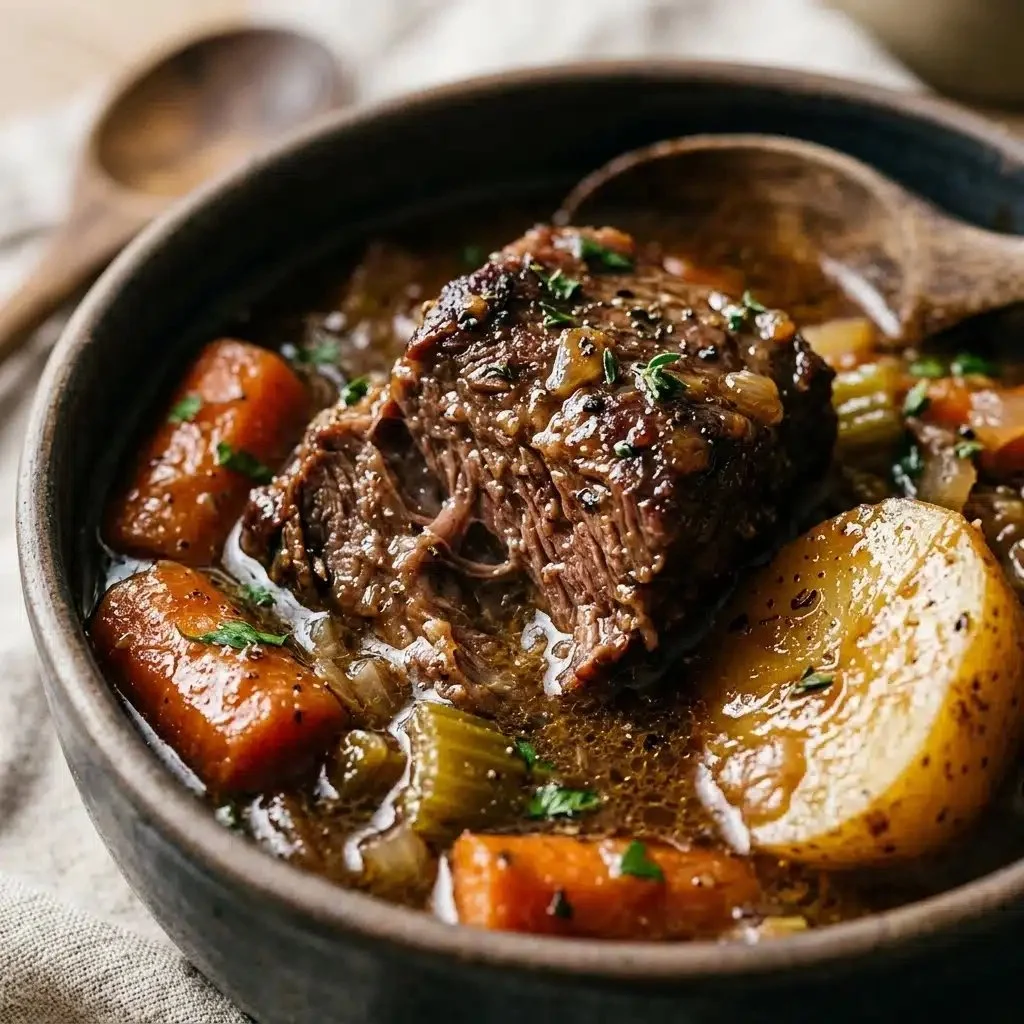 High protein crockpot beef stew served in a bowl for family dinner