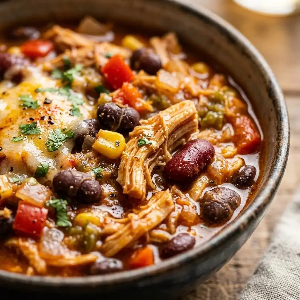 High Protein Crockpot Chicken Chili in a bowl with fresh herbs and spices.