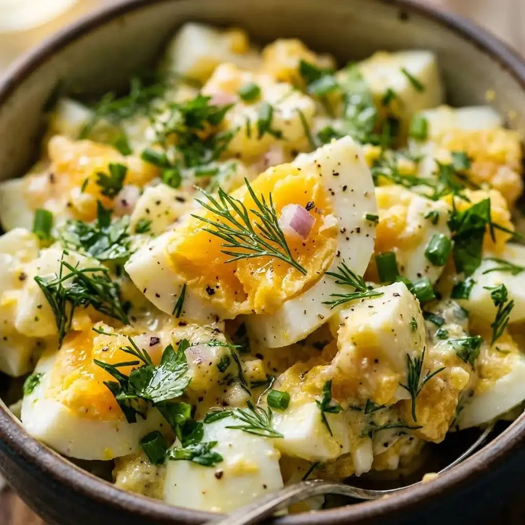 High protein egg salad served in a bowl with fresh herbs and vegetables