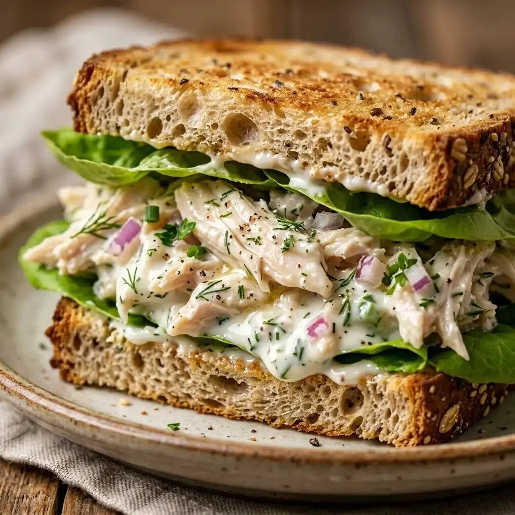 High protein Greek yogurt chicken salad sandwich with fresh ingredients
