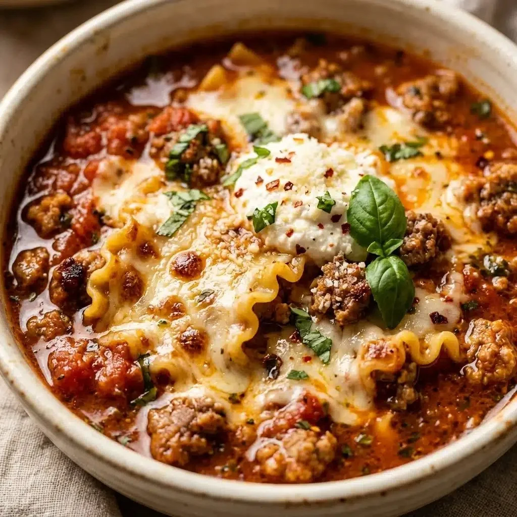 High protein lasagna soup served in a bowl, perfect for a quick dinner