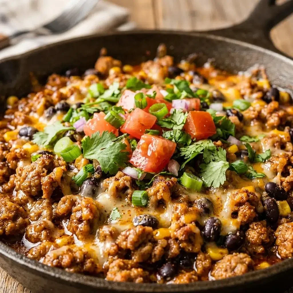 High protein one pan ground turkey taco skillet with colorful veggies