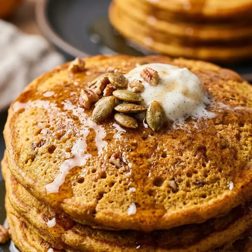 Delicious high protein pumpkin protein pancakes stacked on a plate