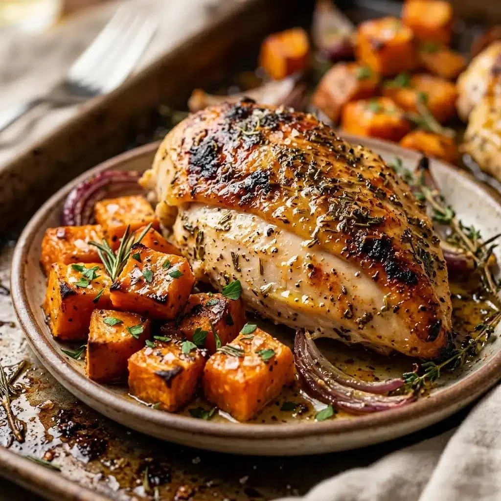 High Protein Sheet Pan Chicken and Sweet Potatoes on a serving platter
