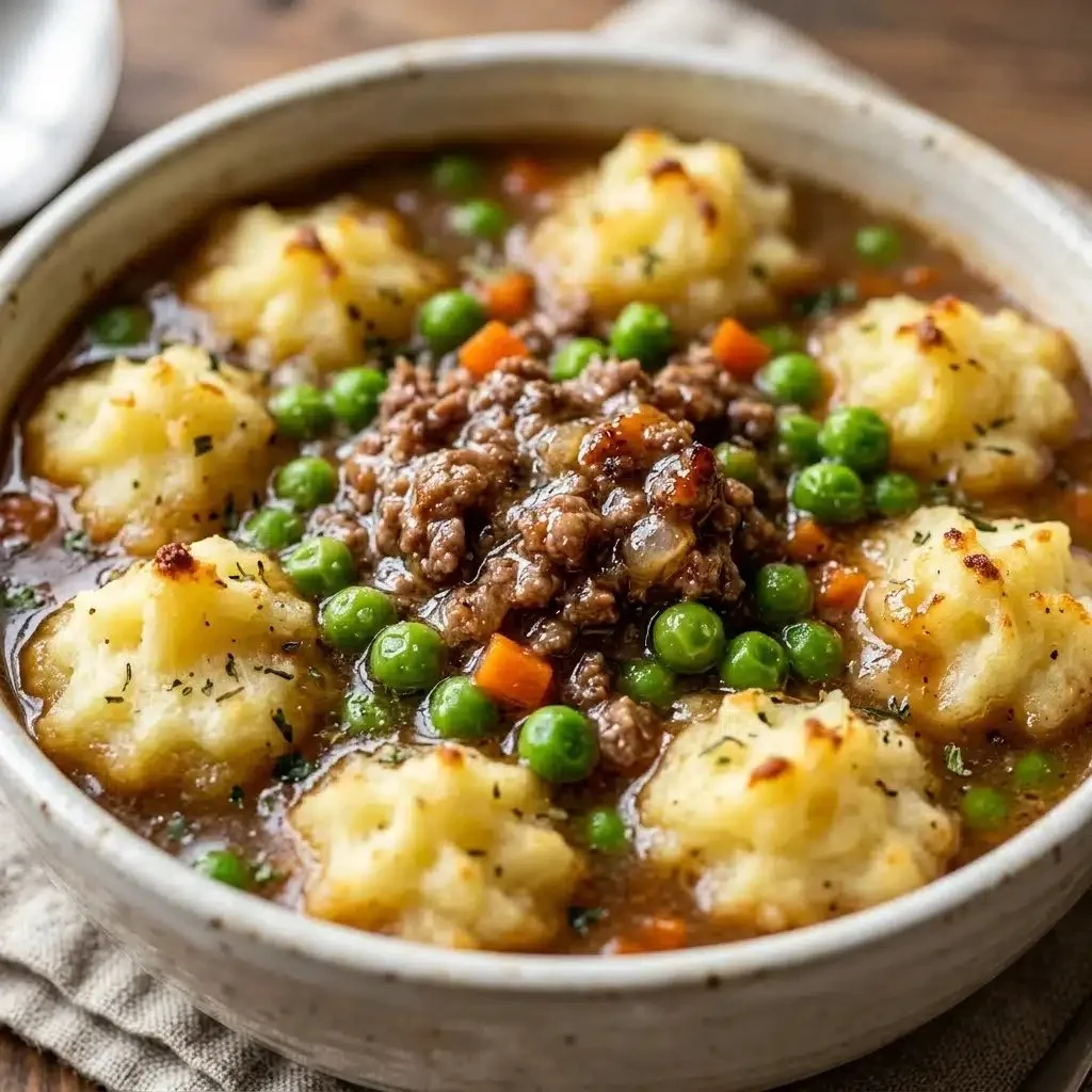 Bowl of high protein Shepherd's Pie Soup garnished with parsley