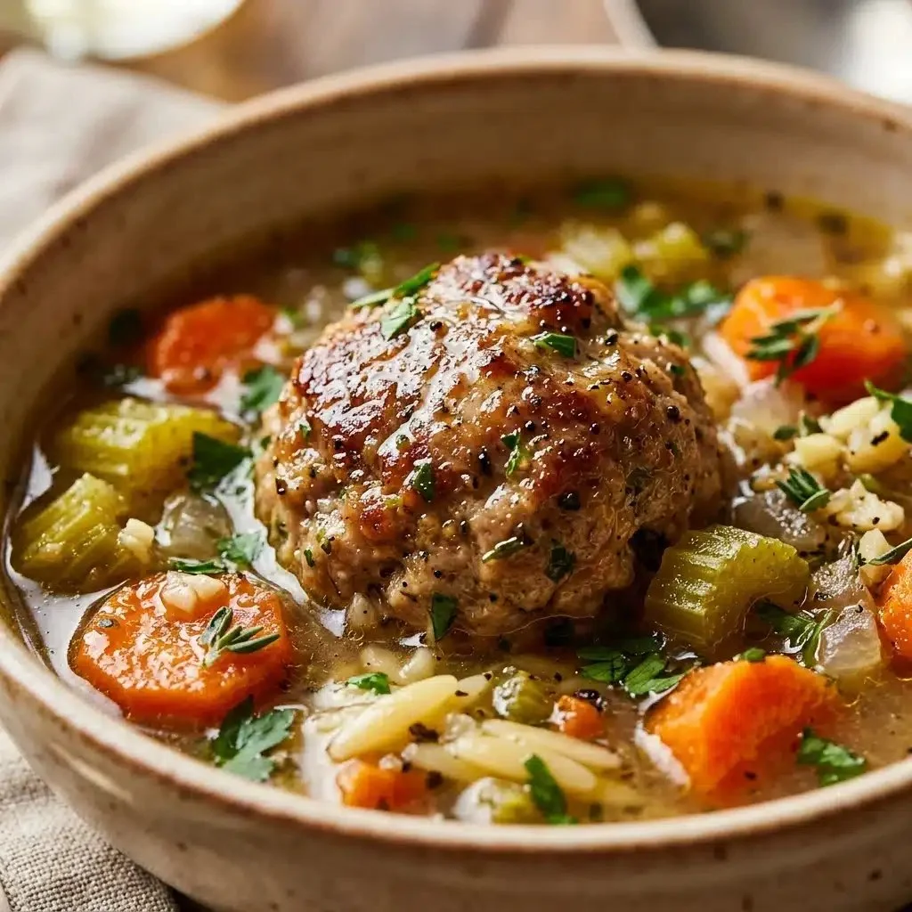 Bowl of high protein turkey meatball soup with vegetables