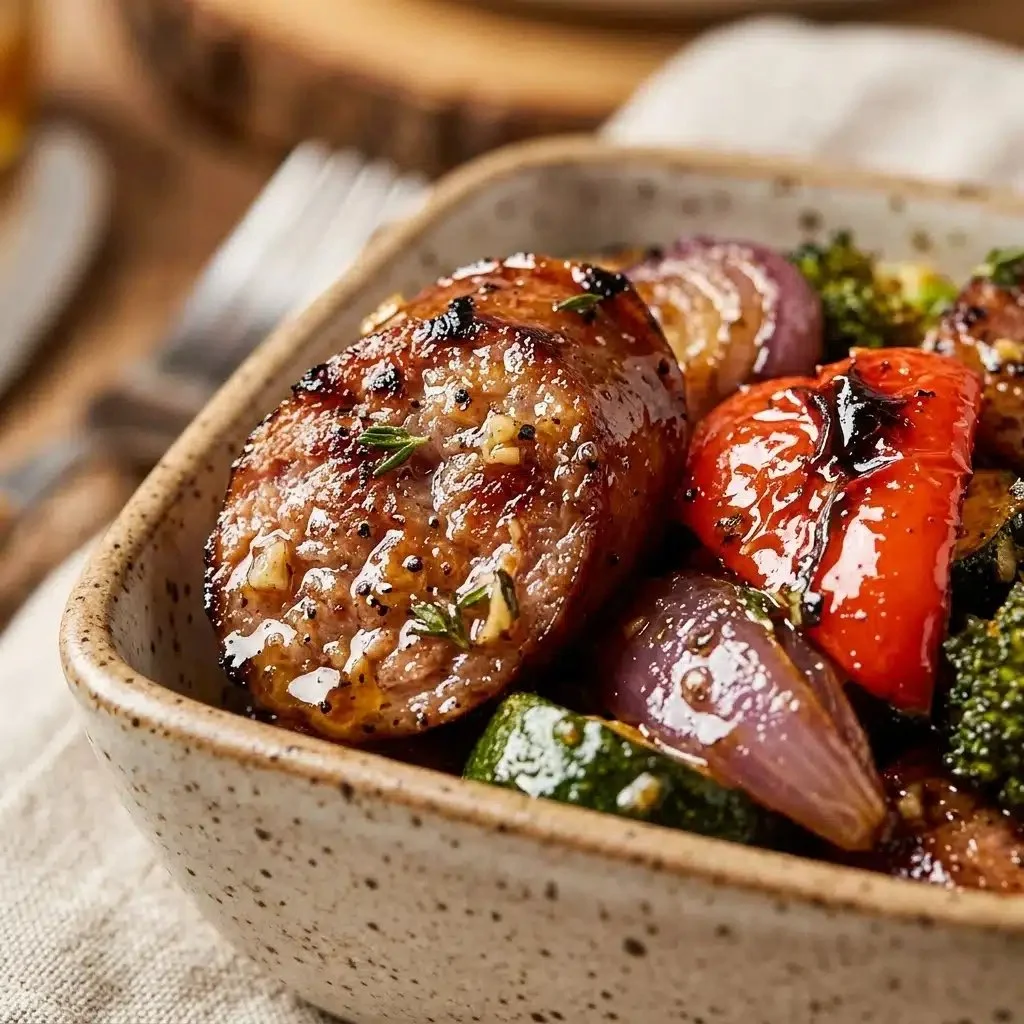 Honey Garlic Beef Sausage served with colorful veggies on a plate.