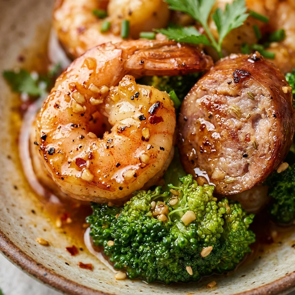 Honey Garlic Shrimp, Sausage and Broccoli