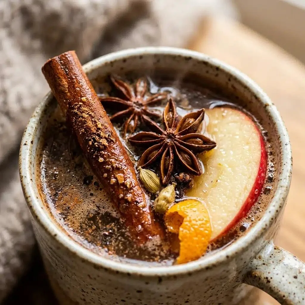 A steaming cup of hot spiced apple cider mocktail with cinnamon and apple slices.