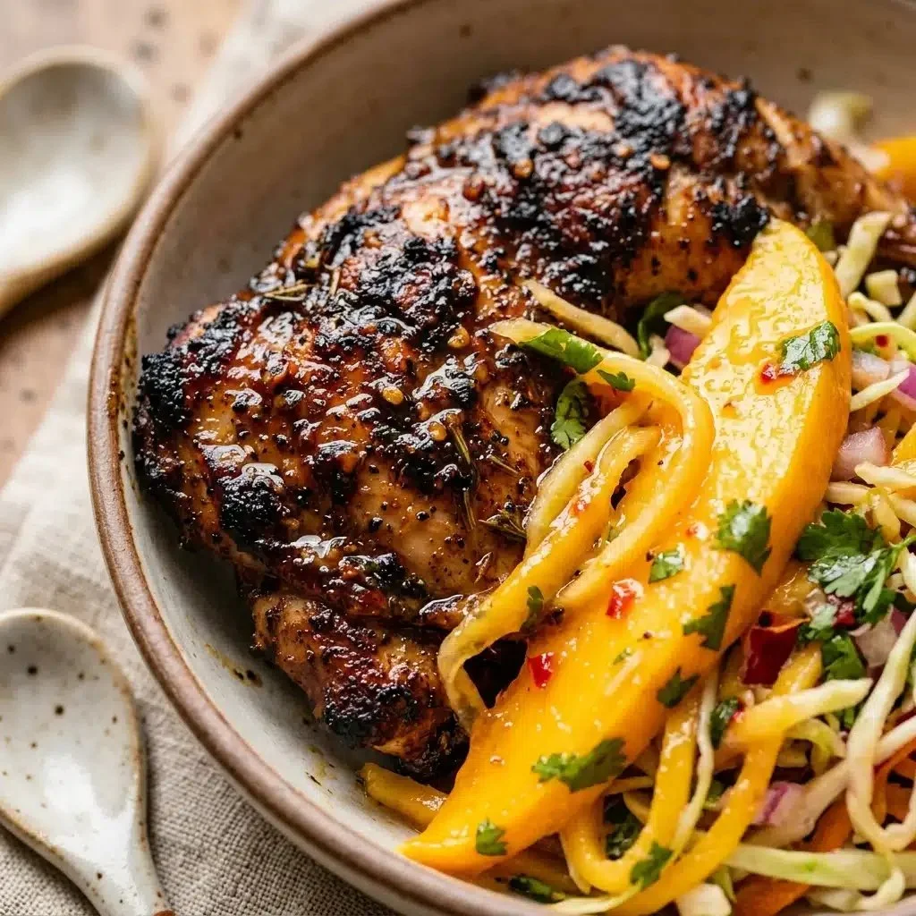 Jerk chicken mango slaw bowls with fresh ingredients and vibrant colors