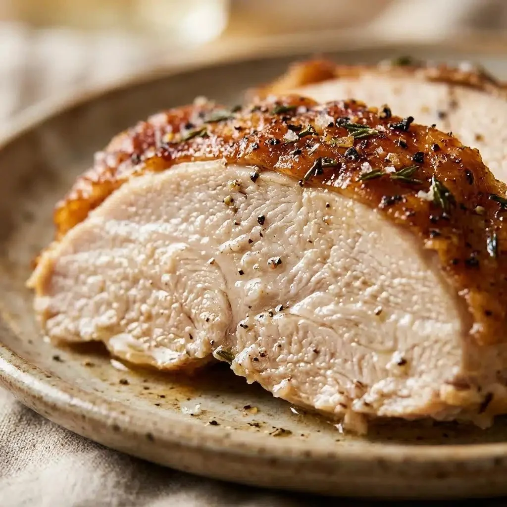 Juicy dry brined turkey breast ready to be served for a festive meal