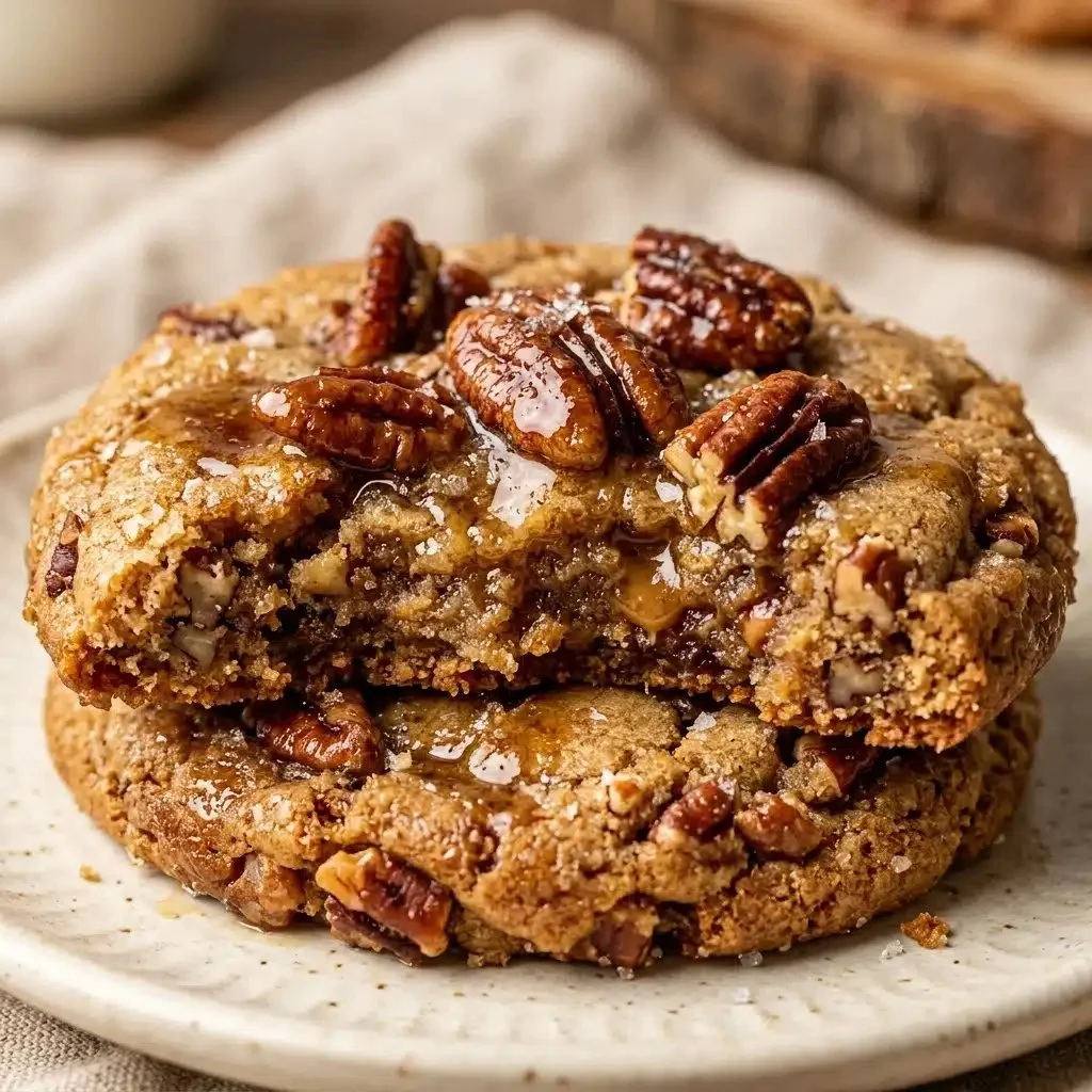 Freshly baked maple brown butter pecan cookies on a cooling rack.