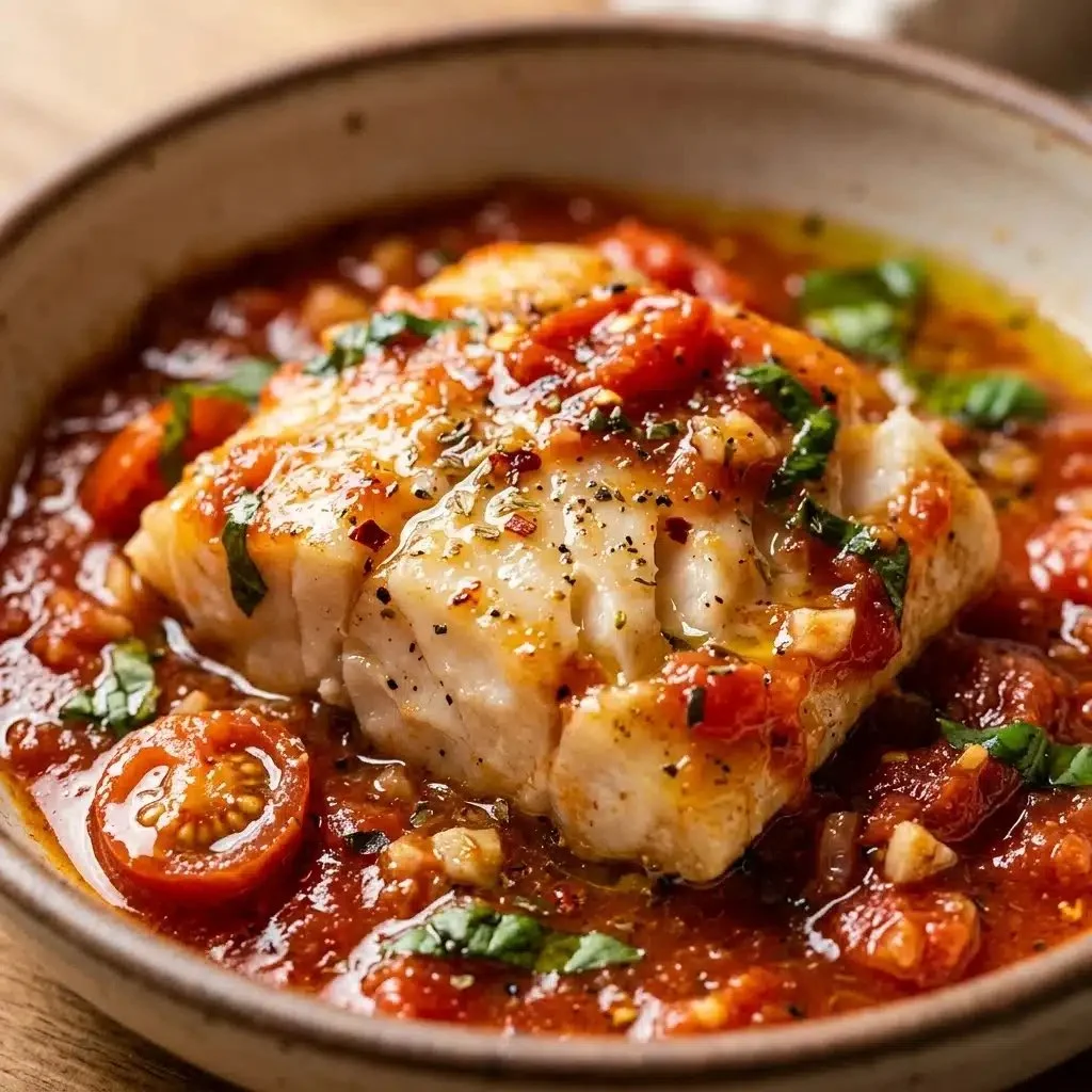 Mediterranean Cod fillet in tomato basil sauce served on a plate