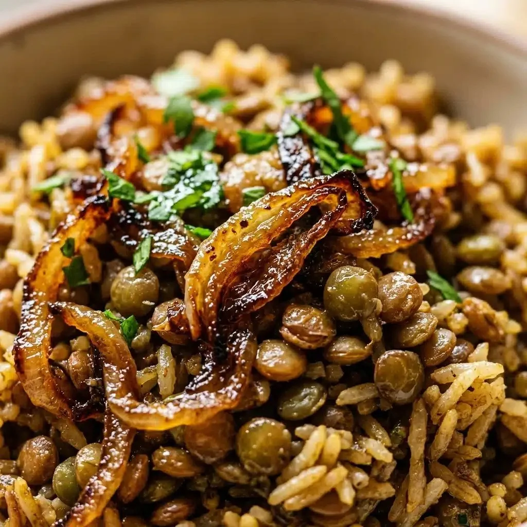 Bowl of Mediterranean lentils and rice garnished with herbs and spices