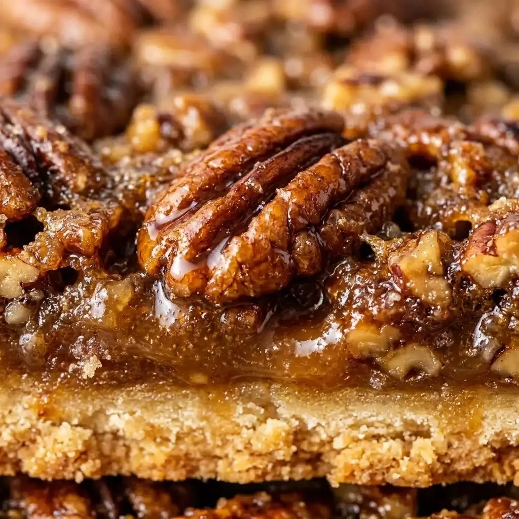 Pecan pie bars with brown sugar topped with pecans on a wooden table