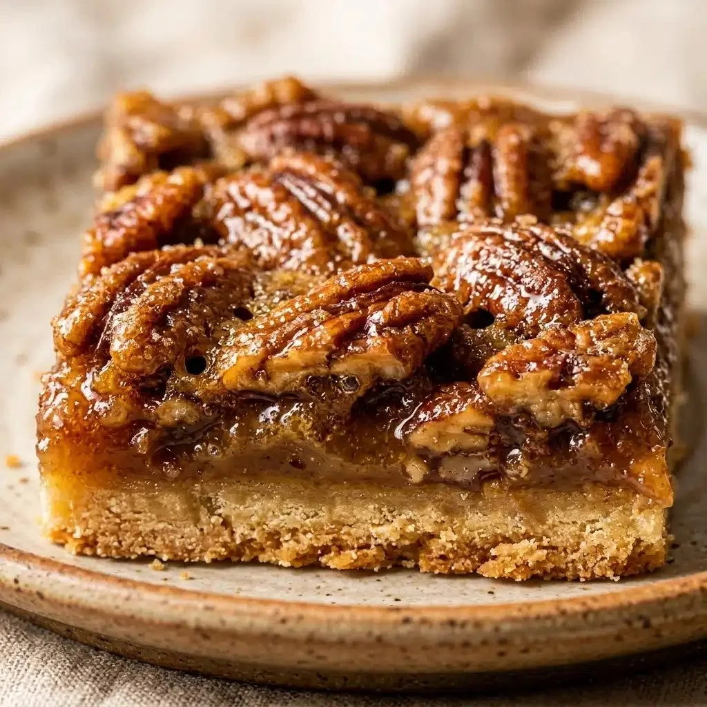 Delicious pecan pie bars made with brown sugar, showcasing a rich and chewy texture.