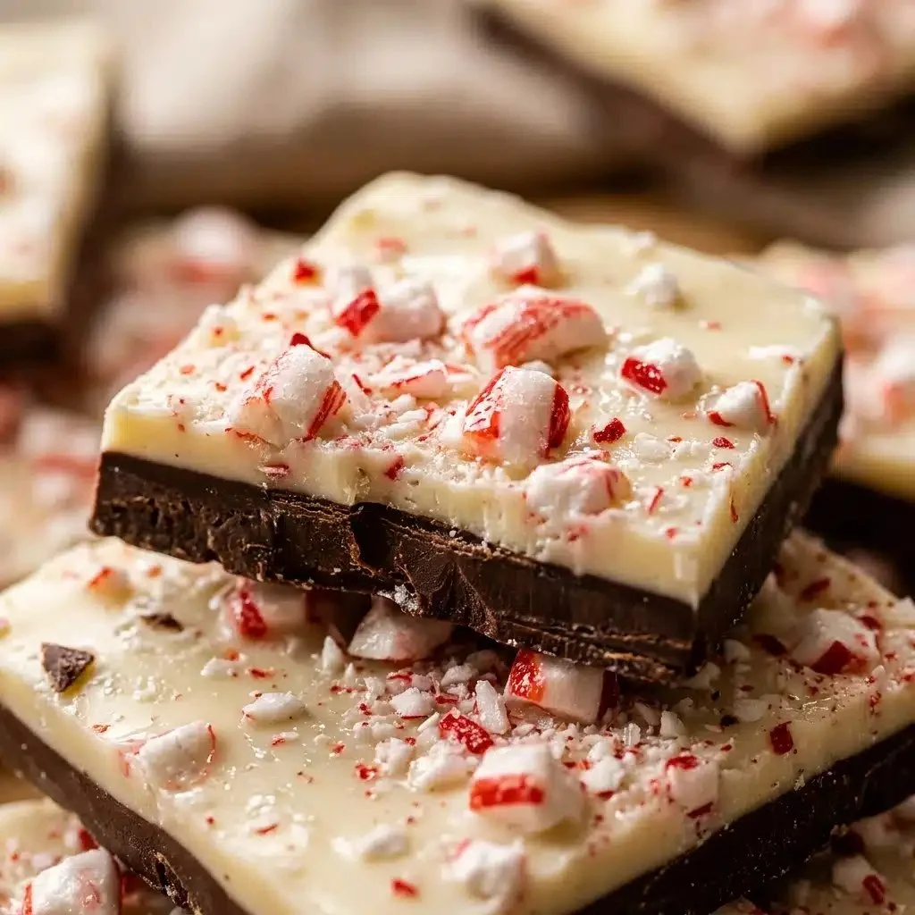 Homemade peppermint bark dessert on a festive plate.