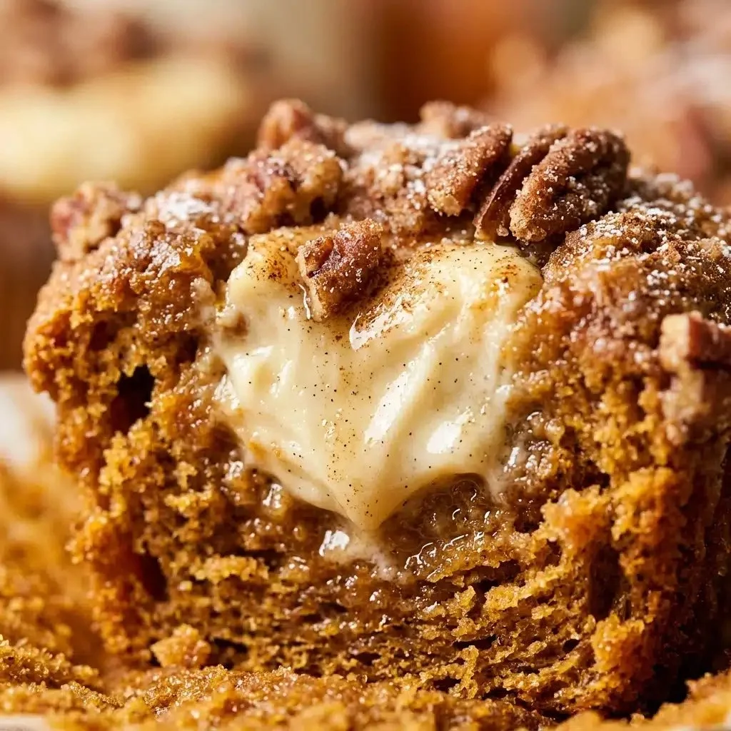 Delicious Pumpkin Cheesecake Muffins topped with cream cheese frosting.